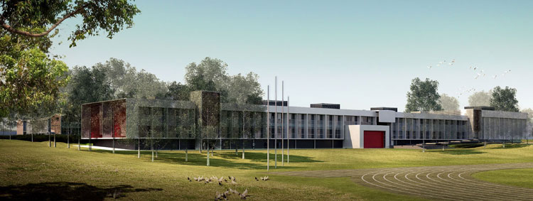 Artist impression with oval and school building.