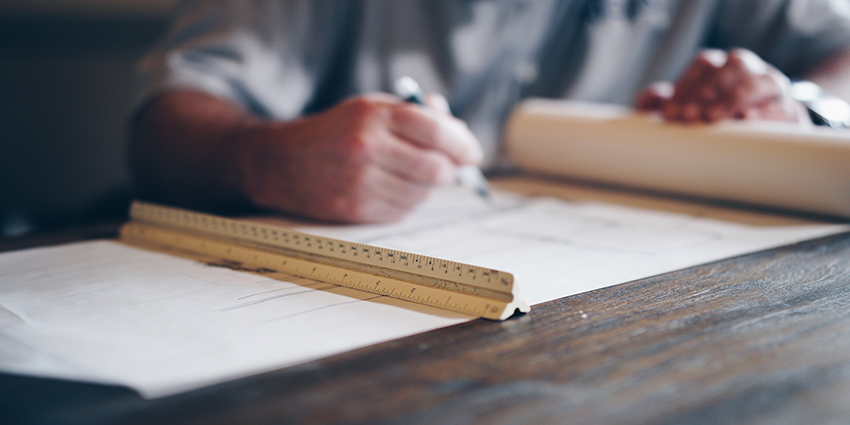 A hand holding a pencil, drawing on a sheet of drafting paper