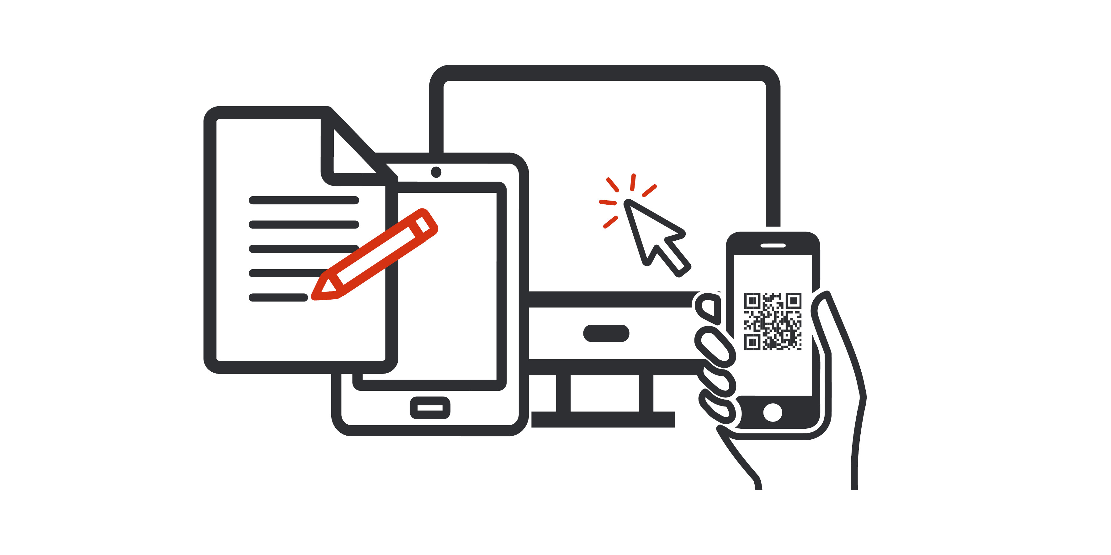 Graphic of notepad, computer and phone with QR code