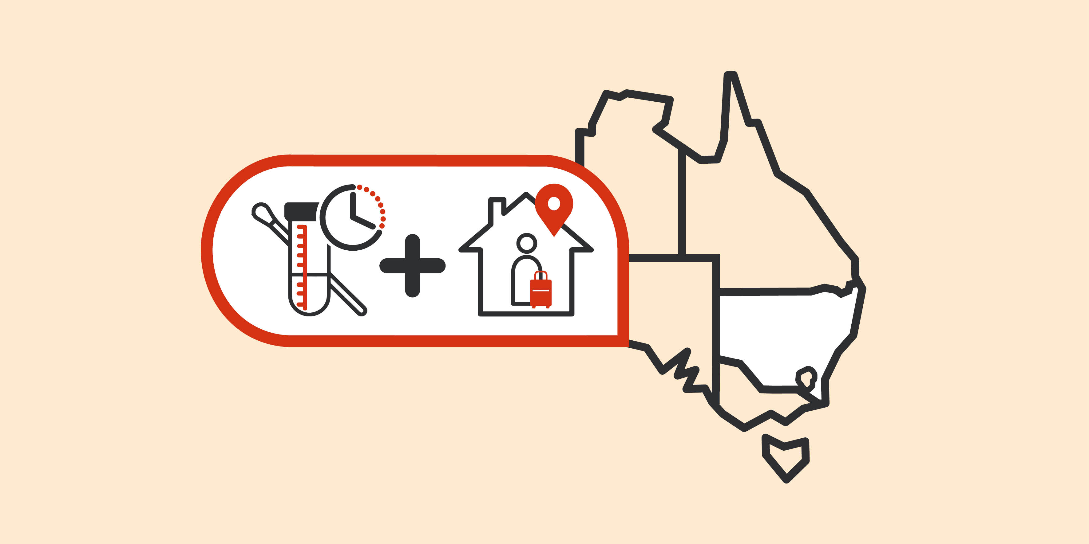 A map depicting NSW with a COVID-19 test and person inside a house with their suitcase.