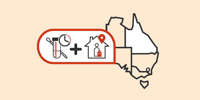 A map depicting Queensland with a COVID-19 test and person inside a house with their suitcase.