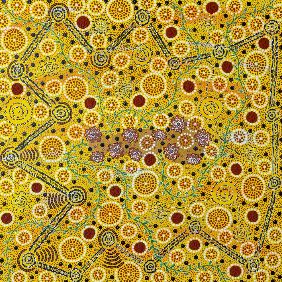 Vibrant Aboriginal painting with a yellow background.