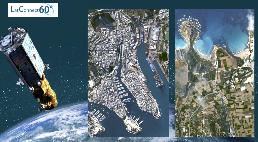 Aerial images of land and coastline and an image of a satellite.