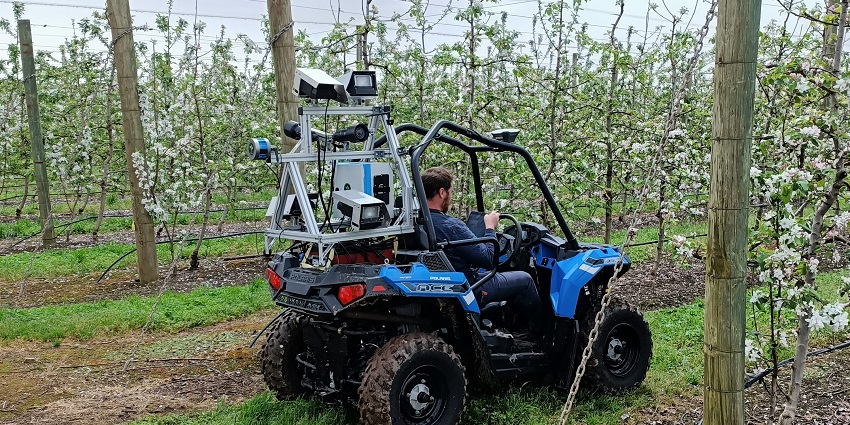 Man in orchard riding vehicle