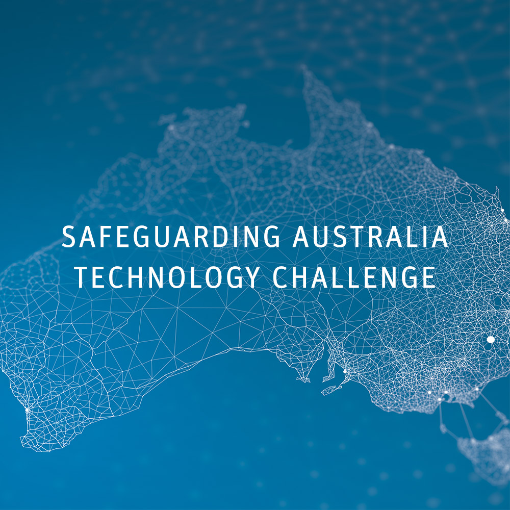 Render of Australian continent displaying words Safeguarding Australia Technology Challenge