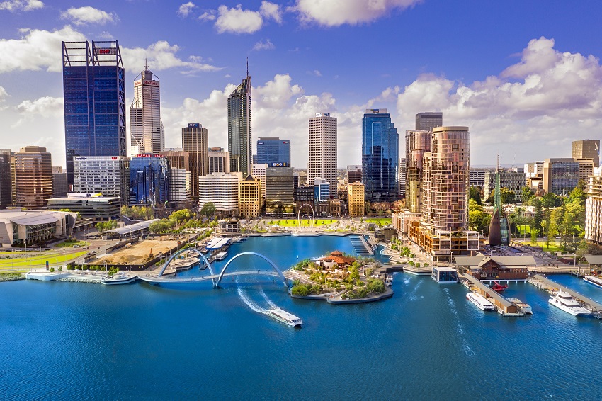 Perth skyline showing Elizabeth Quay from the air