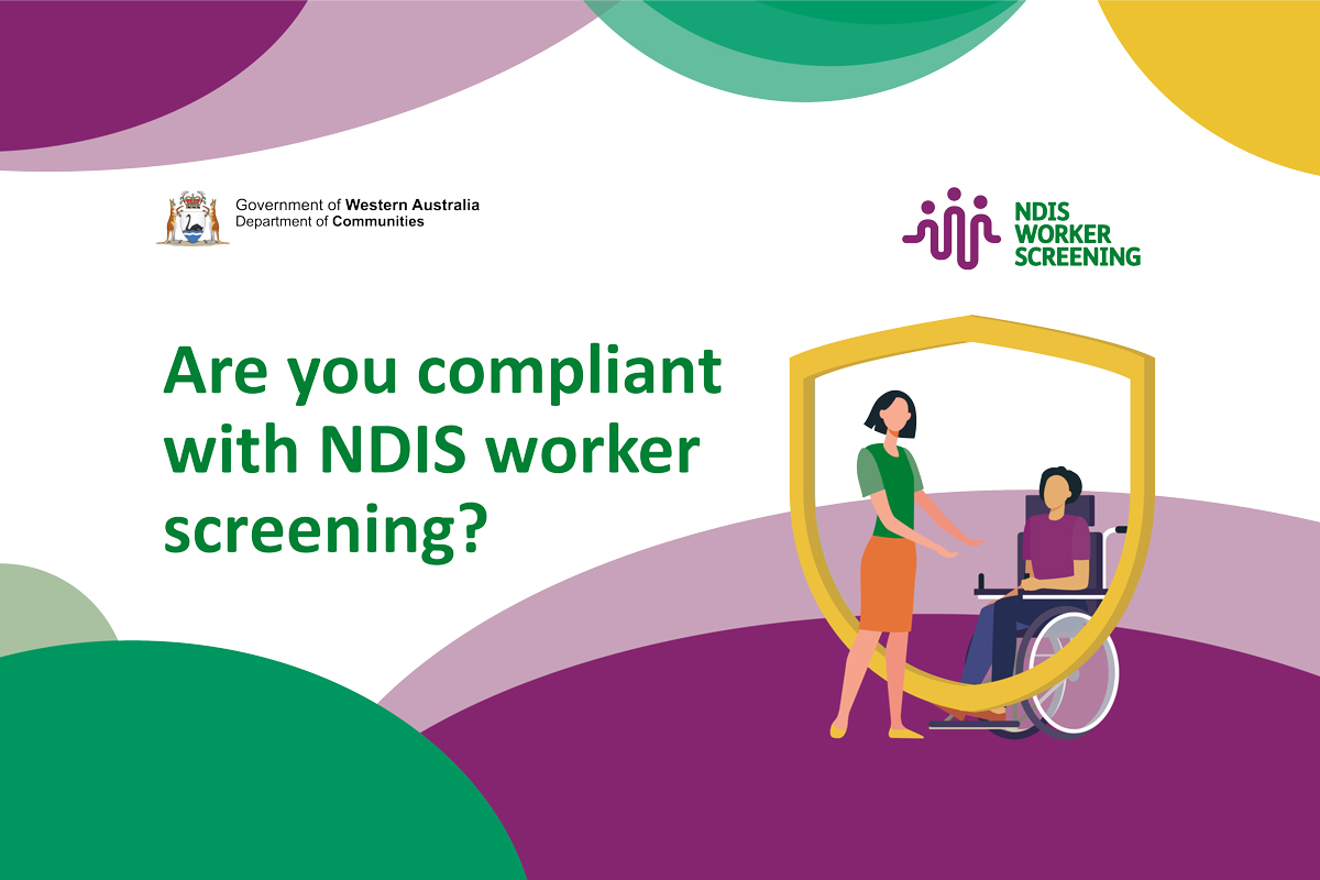 graphic illustration of two people socialising with text title saying 'Are you compliant with NDIS screening?'