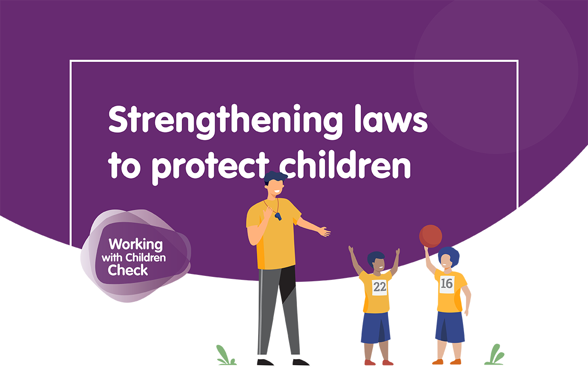 Illustration of a basketball coach and two children, with text which reads strengthening laws to protect children.