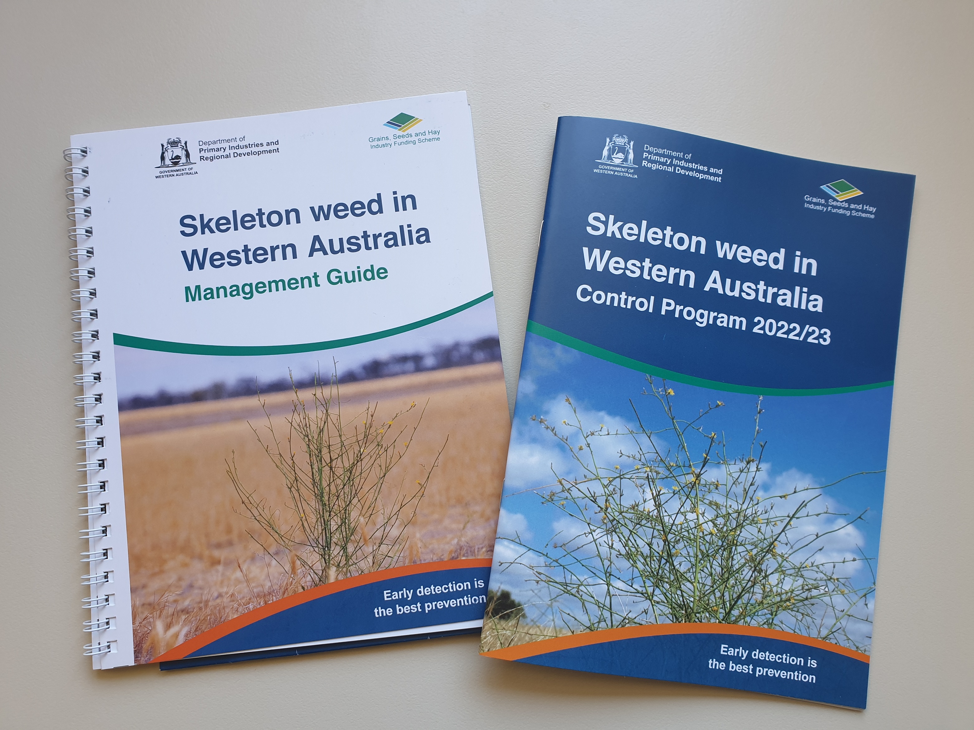 Layout of two documents, Skeleton weed in Western Australia Management Guide and Control Program 2022/23