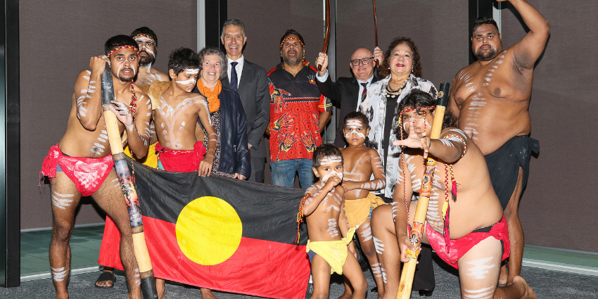 Group image with Aboriginal Affairs Minister Dr Tony Buti, Director General Anthony Kannis, Balladong Whadjuk woman Vivienne Hansen and the local dance group Midn Marr Dreaming