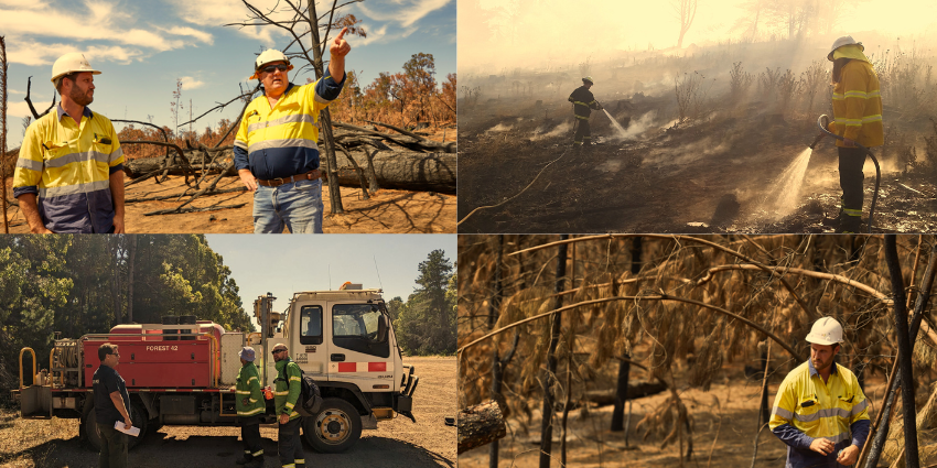 black charcoaled trees two men in hard hats pointing. Fire hosing the land and fire truck in photo too.  