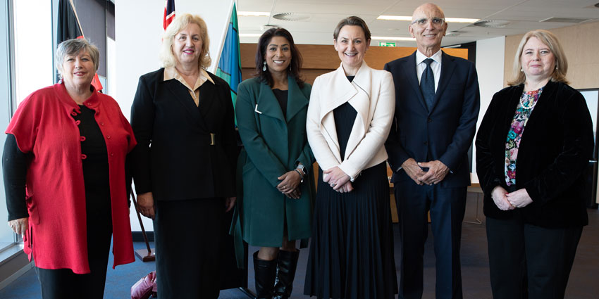 Left to right: Mental Health Advisory Council Chair Margaret Doherty; Deputy Director General, Court and Tribunal Services, Joanne Stampalia; Children’s Court Magistrate Allana Padmanabham; Health Minister Amber-Jade Sanderson, Attorney General John Quigley; Start Court Magistrate Elaine Campione.