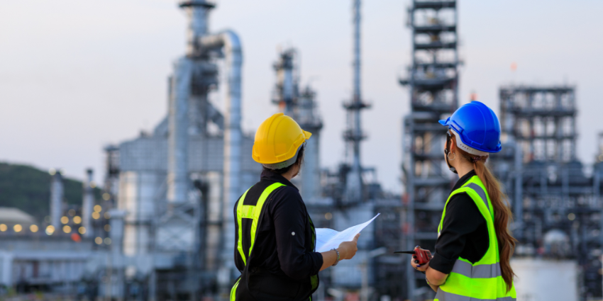 Two women wearing high visibility workwear looking out over an industrial area.