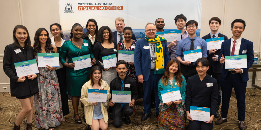 A group photo of the recipients of the Premier's Scholarship and WACE bursary with Minster Templeman