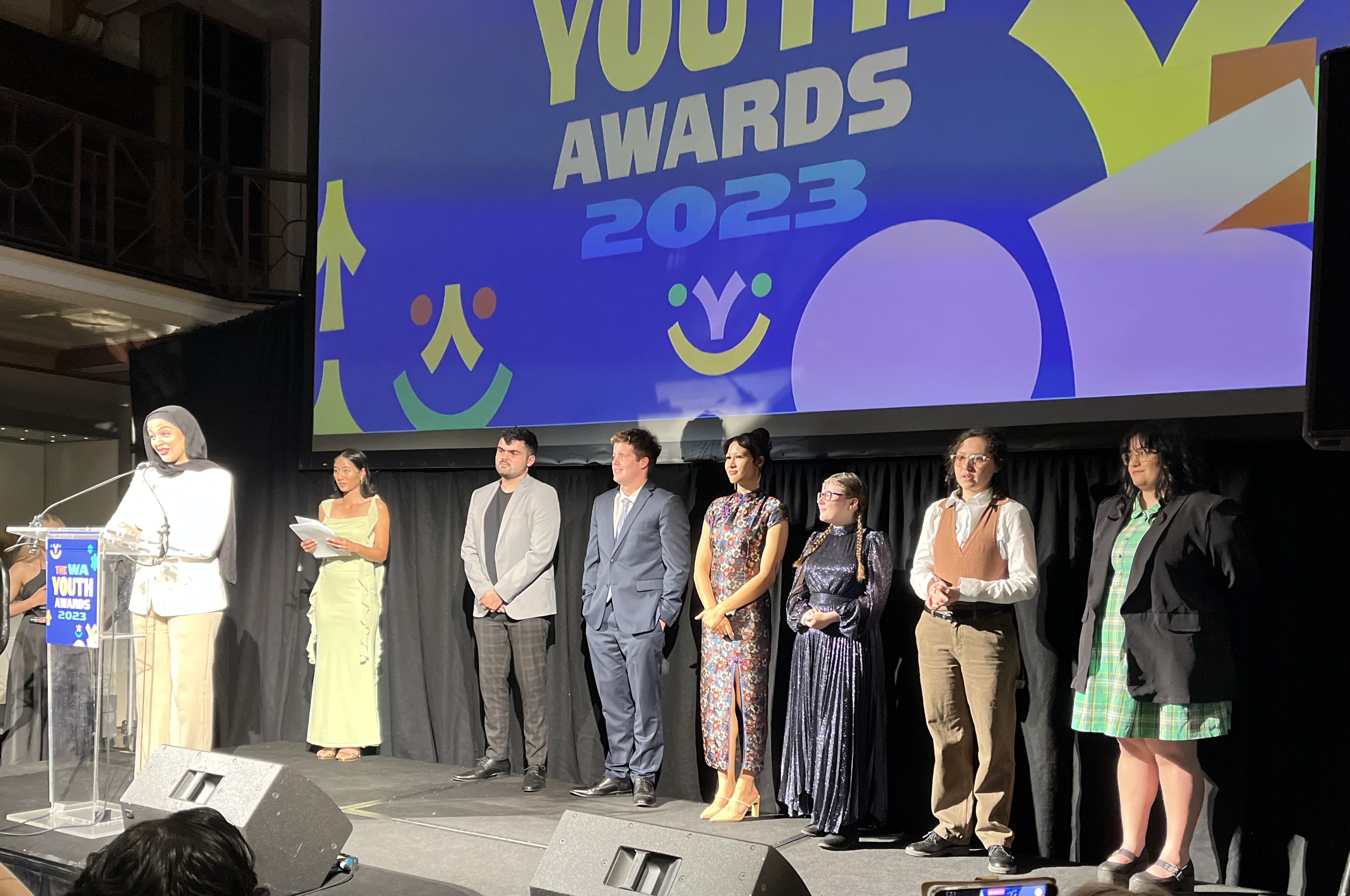 Photo of the youth award finalists on stage at the events night