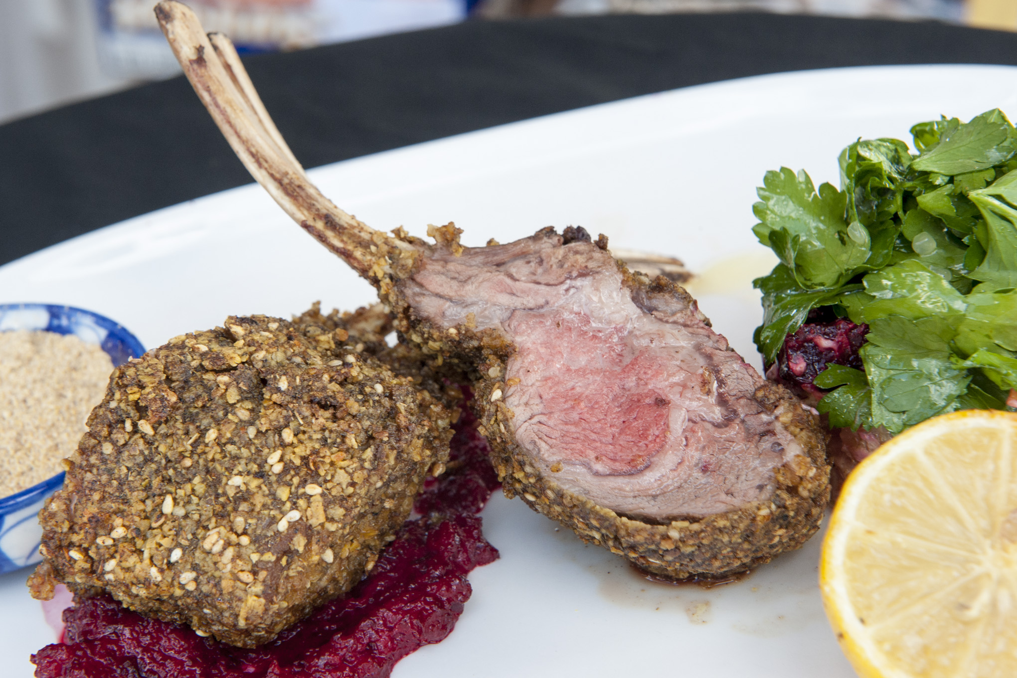 Two lupin crusted lamb cutlets.