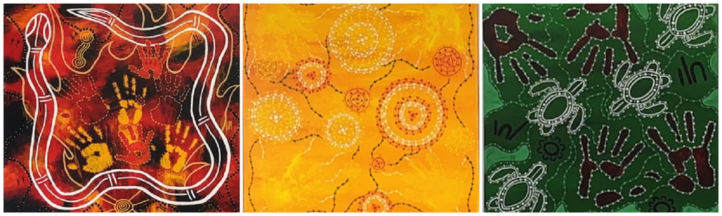 Images of Aboriginal paintings representing Birak, Bunuru and Djeran seasons