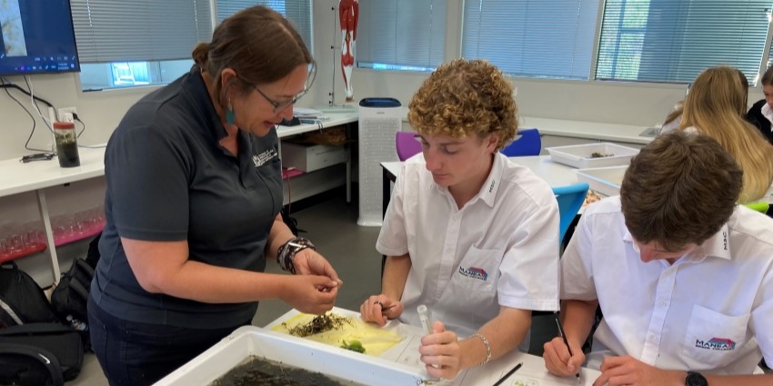 Staff member with students looking at seagrass