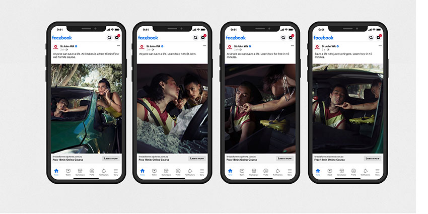 Four phones next to each other, each showing a different version of the 'Anyone can save a life' creative made for social media. Each creative is an image of someone trying to help out in a road crash with the words 'anyone can save a life'