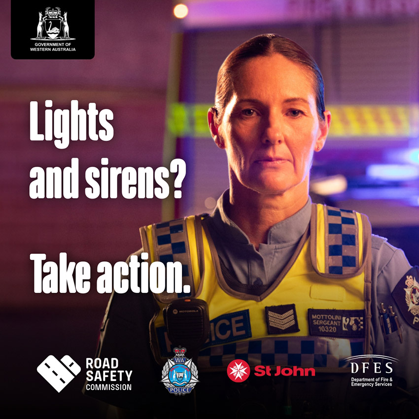 Light, sirens, action social tile with police