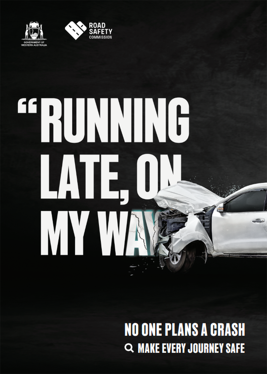 White text 'Running late, on my way' next to a smashed-in 4WD, on a black background