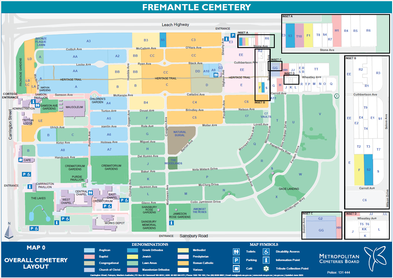 Fremantle Cemetery overall site map showing all sections of the cemetery