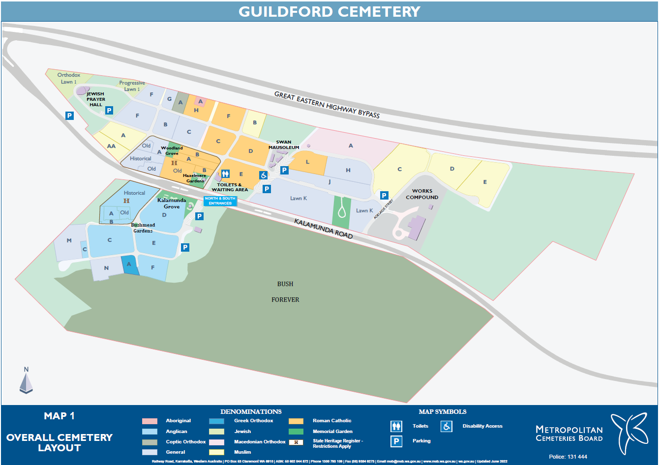 Guildford Cemetery overall map showing all the sections of the cemetery