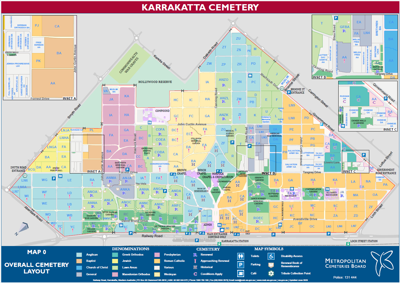 Karrakatta Cemetery overall map showing each section of the cemetery