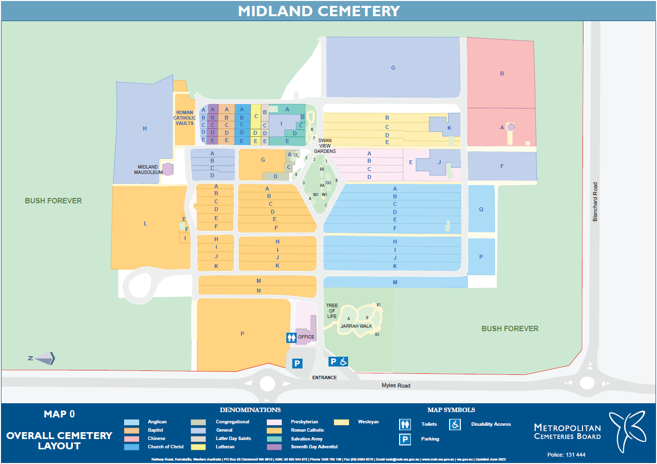 Midland Cemetery map showing all the sections