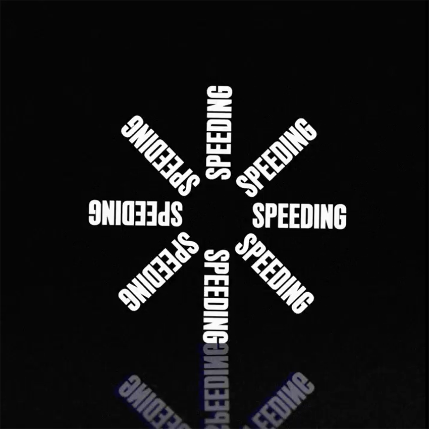 White text saying 'Speeding' on black background