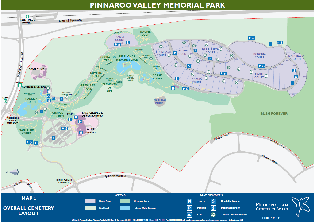 Pinnaroo Valley Memorial Park overall layout showing all sections of the park