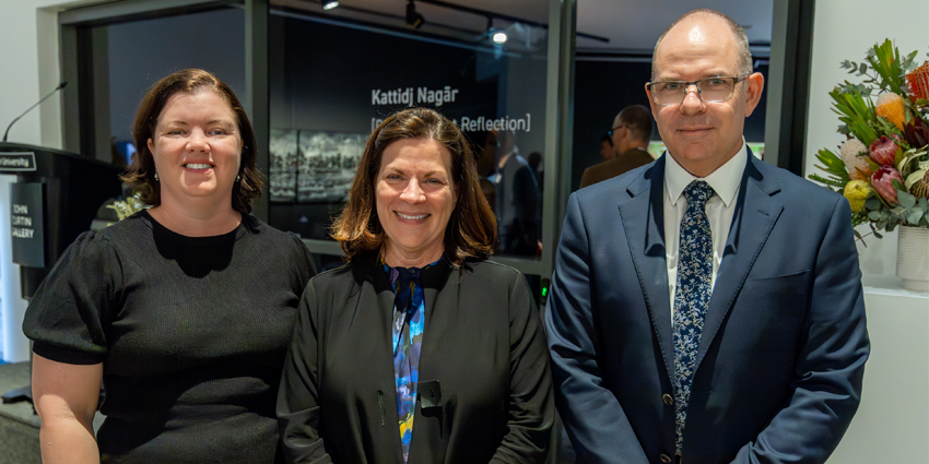 Department of Justice Acting Director General Kylie Maj, Curtin University Vice-Chancellor Professor Harlene Hayne and Corrective Services Commissioner Brad Royce at the exhibition opening.