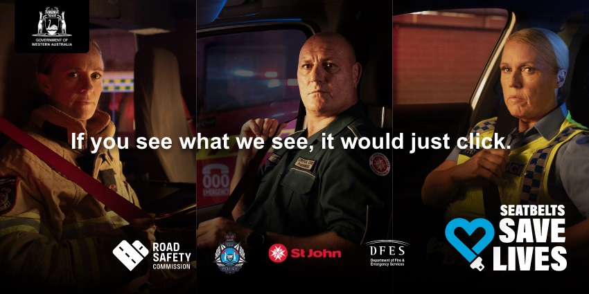 Text: 'If you see what I see, it would just click'. A DFES officer, paramedic, and police officer look at the camera.