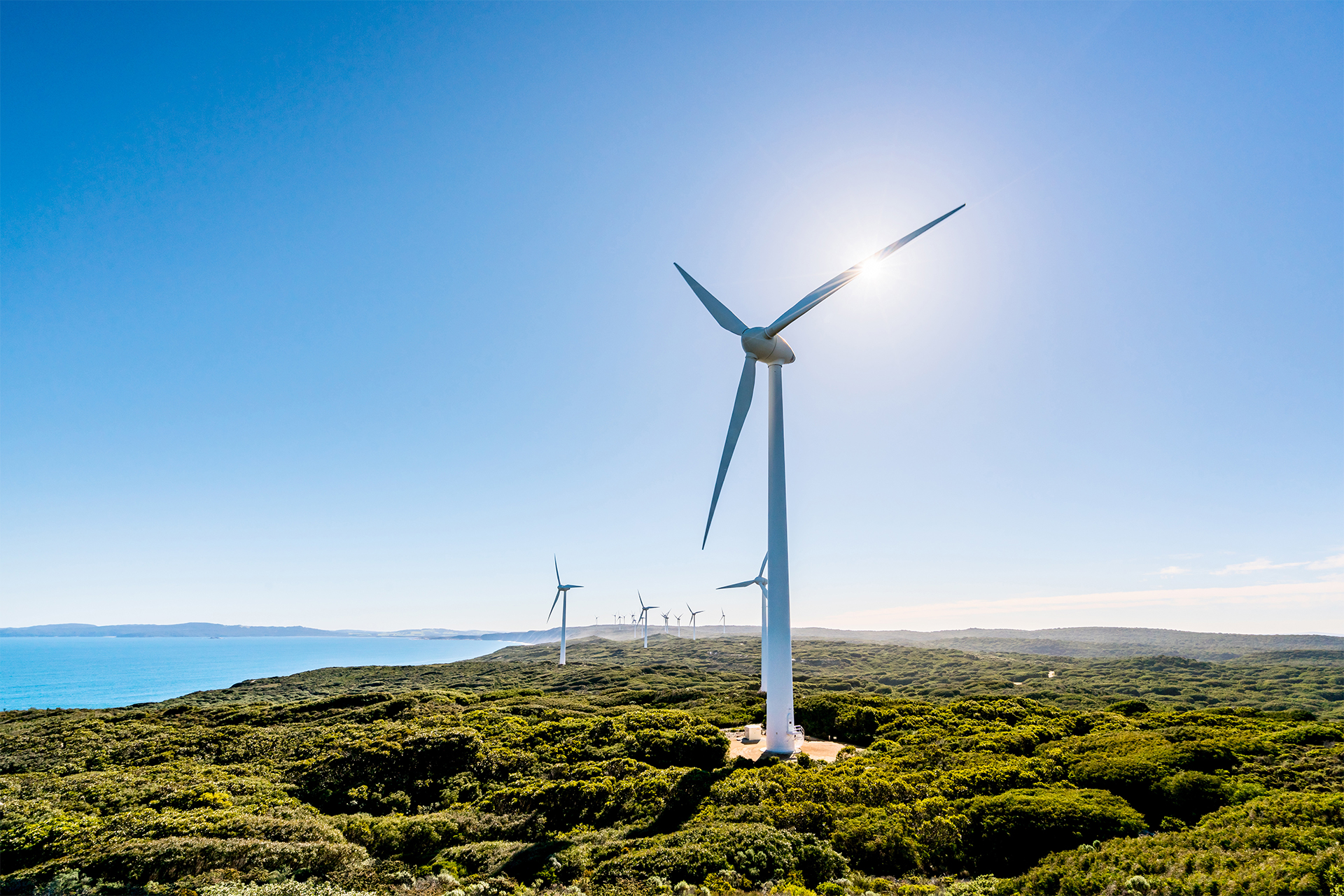 Wind turbines along the coastline in Western Australia.