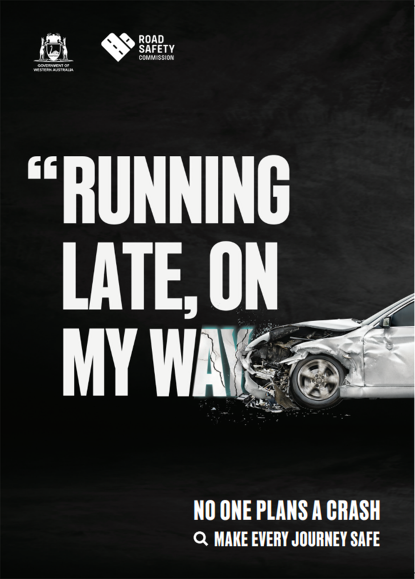 White text 'Running late, on my way' next to a smashed-in sedan, on a black background