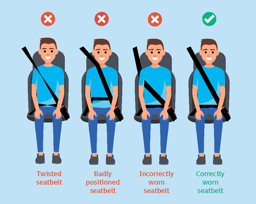 an image showing the various ways you can use a seatbelt, showing which are allowed and which are not