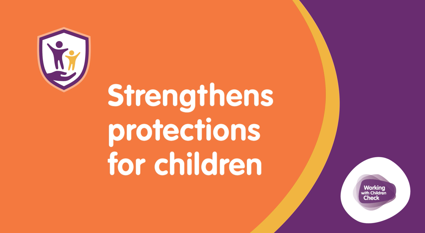 A colourful banner with the words Working with Children Check - Strengthens protections for children