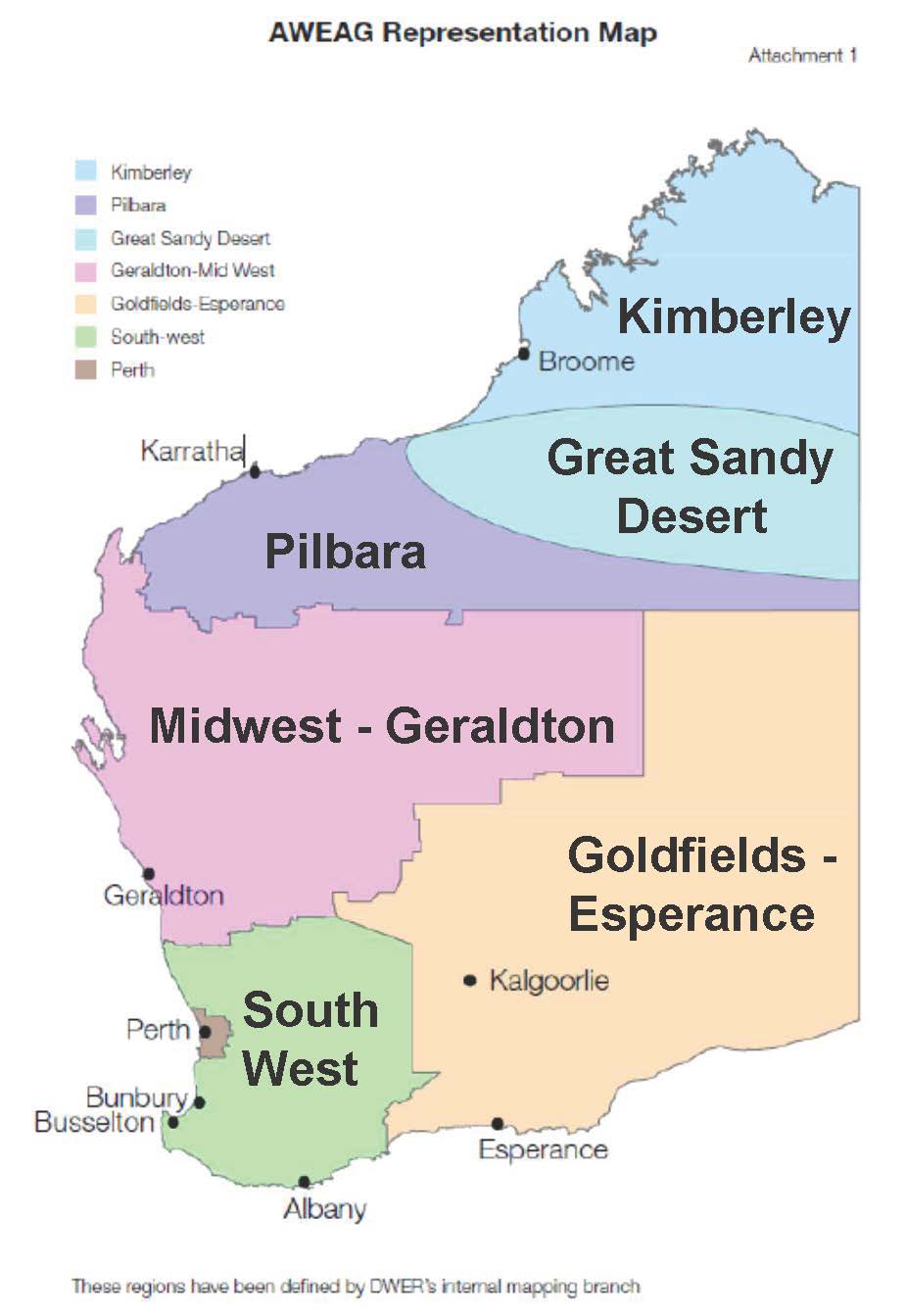 AWEAG Representation Map outlining the colourcoded regions within Western Australia