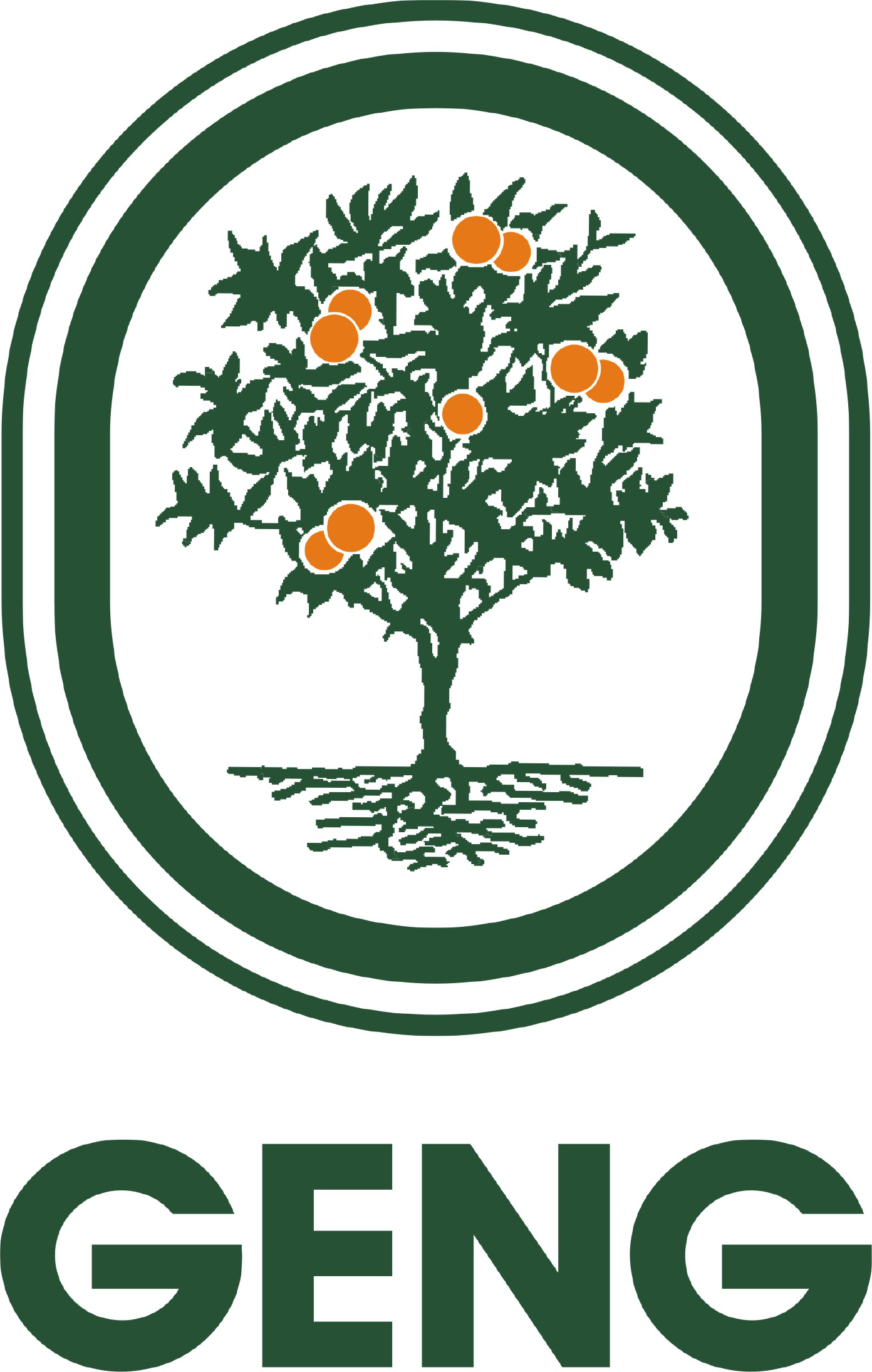 Orange tree in dark green oval and GENG underneath