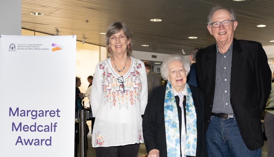 Award winners Caroline Ingram (left), Max Angus (right) with Ms Margaret Medcalf