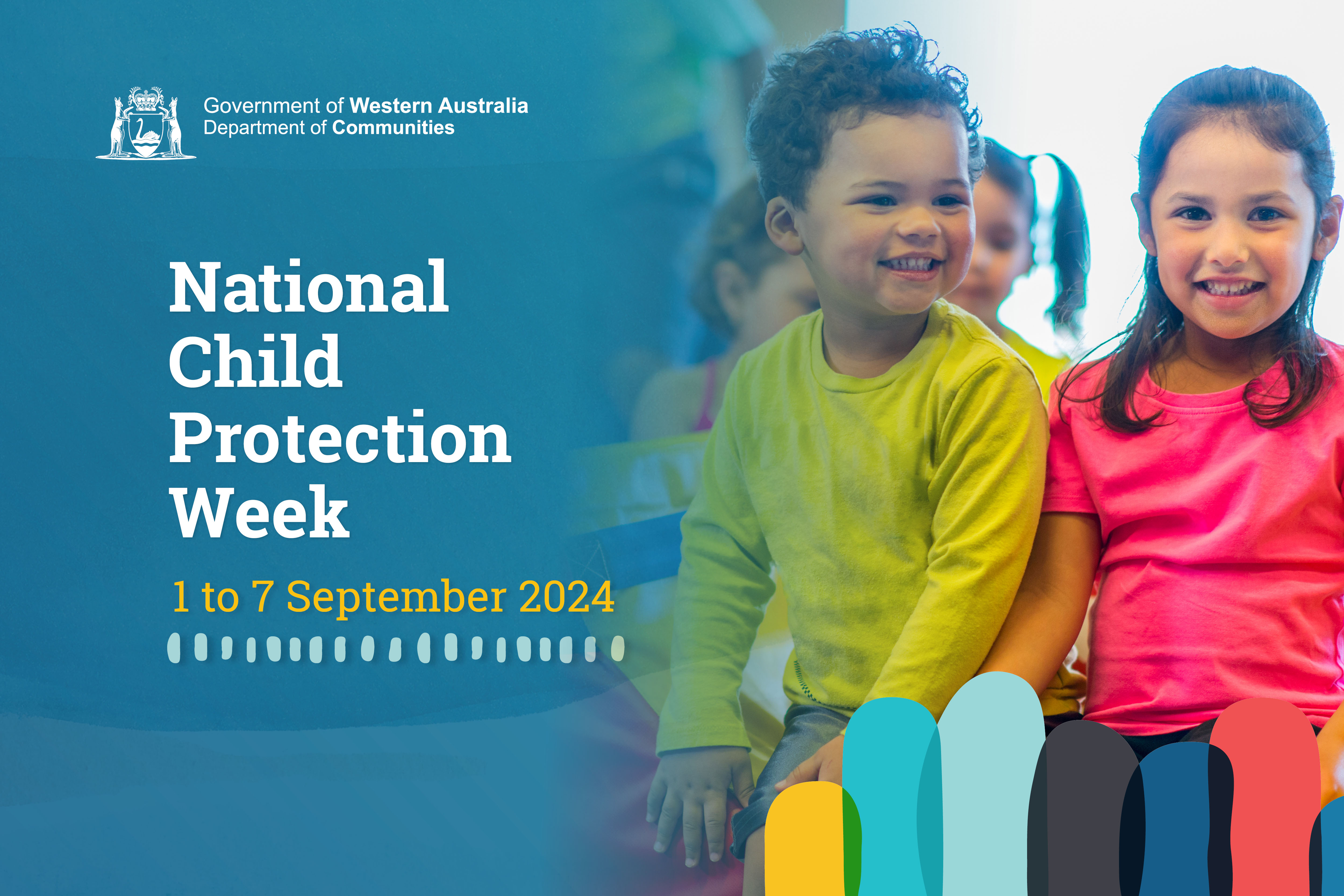 A colourful banner with 2 smiling children and the text National Child Protection Week