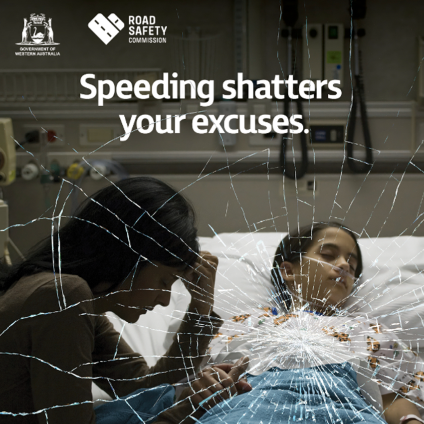 Social tile - 'Speeding shatters your excuses' with a girl on a hospital bed'