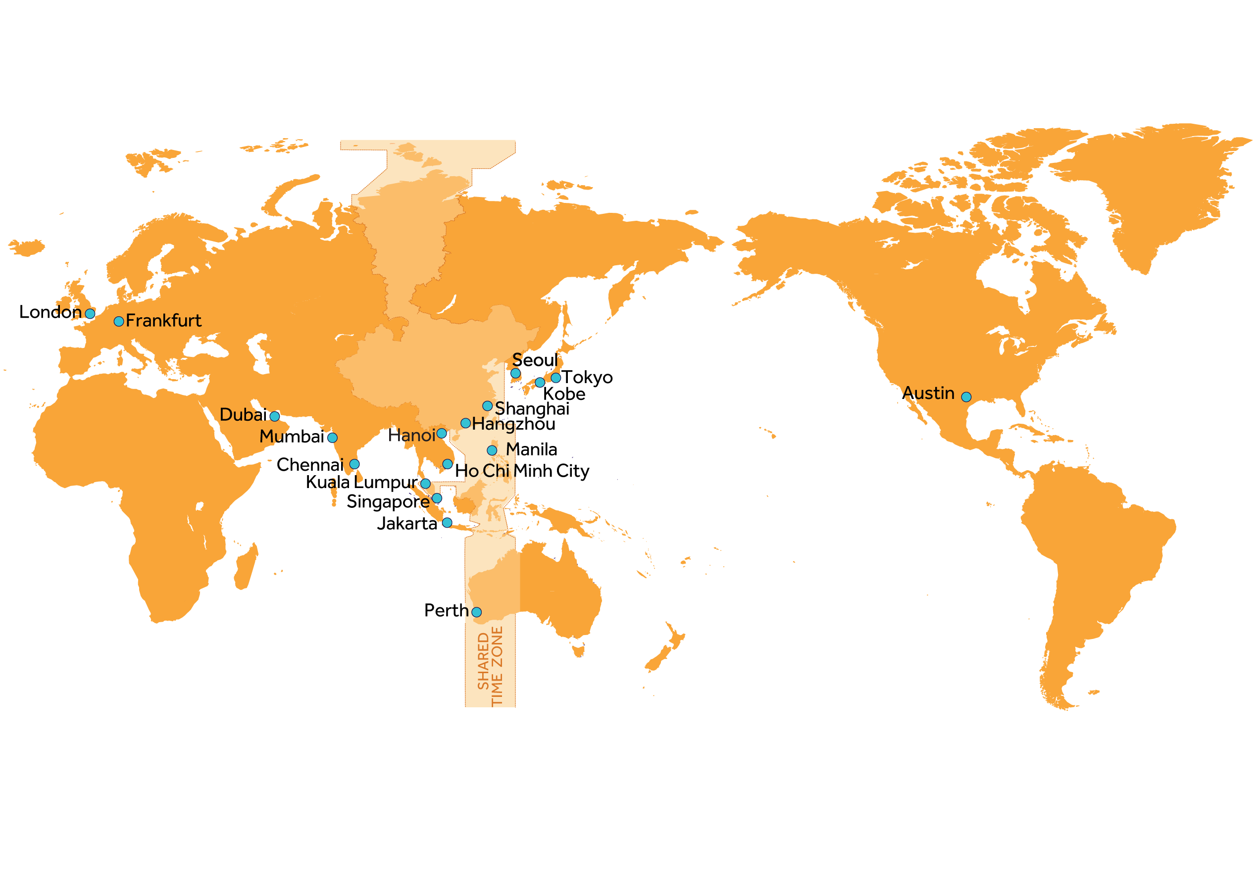 World map of Invest and Trade's Western Australia international offices 