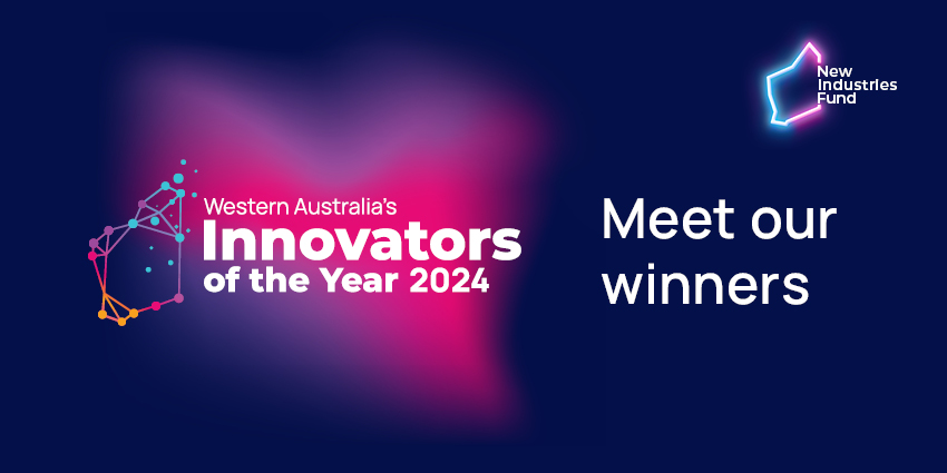 WA innovators of the year on dark blue background with WA state outline and pink flair