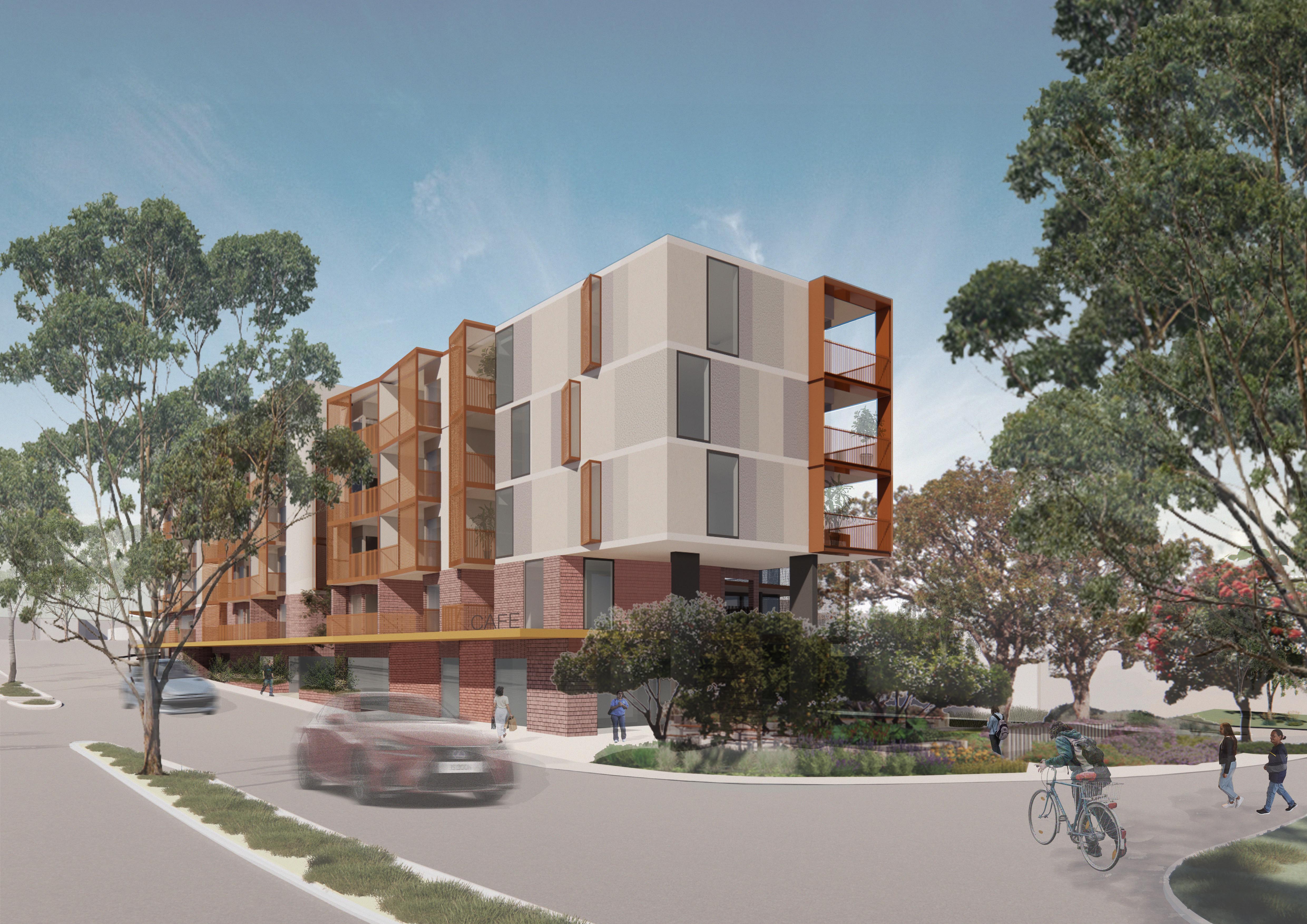 Artists impression of Common Ground Mandurah, featuring a housing development and on the street there are pedestrians, bikes and cars