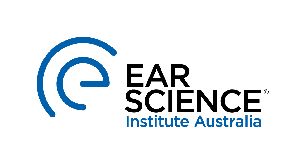 blue half circle with e in it and then the words EAR SCIENCE in white and Institute Australia in blue below