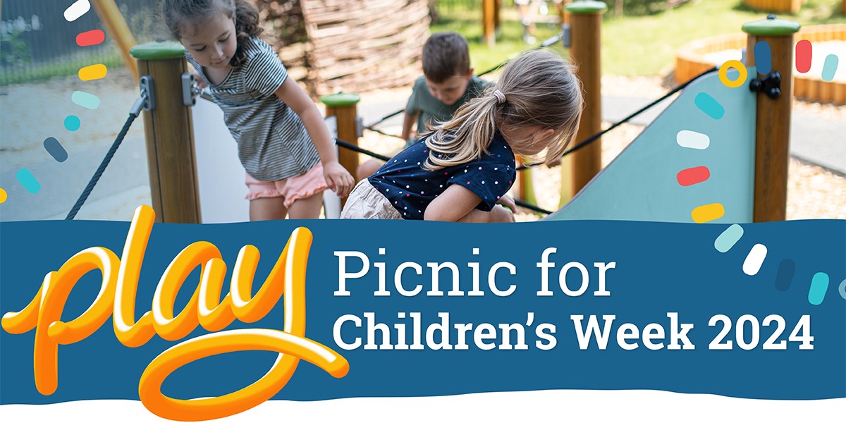 Image of three children playing in a playground, with the graphic Play Picnic for Children's Week 2024