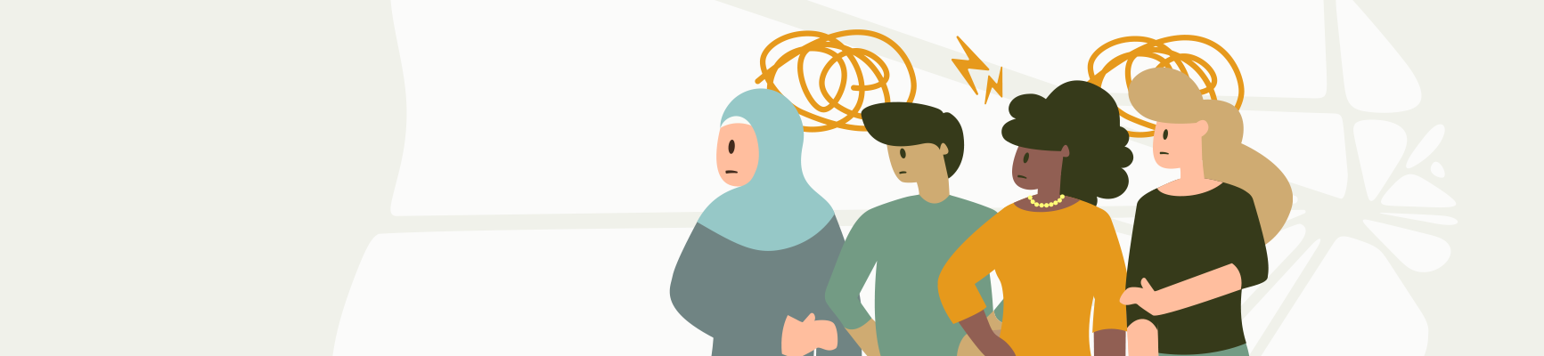 A graphic featuring 4 people. One person is wearing a head scarf, next to them is someone with a hand on their hips. The third person also has their hand on their hips and has darker skin. The fourth person is holding their arm. Above them are squiggles and lightning strikes.