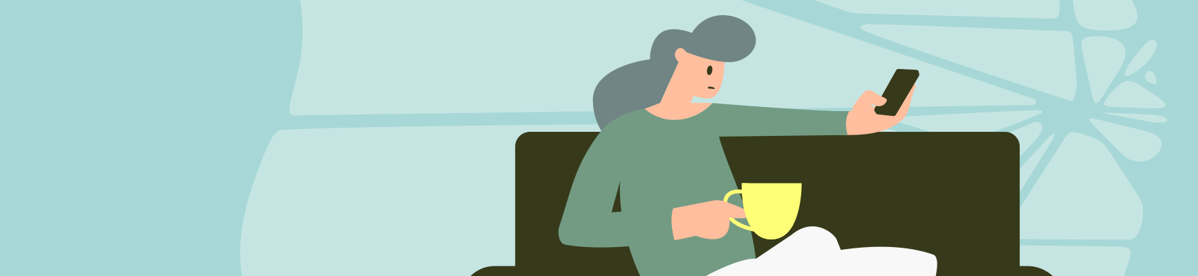 A graphic of someone sitting on a couch. Behind them is a cracked screen. In one hand there is a mug and in the other is a mobile phone. They are looking at their phone.