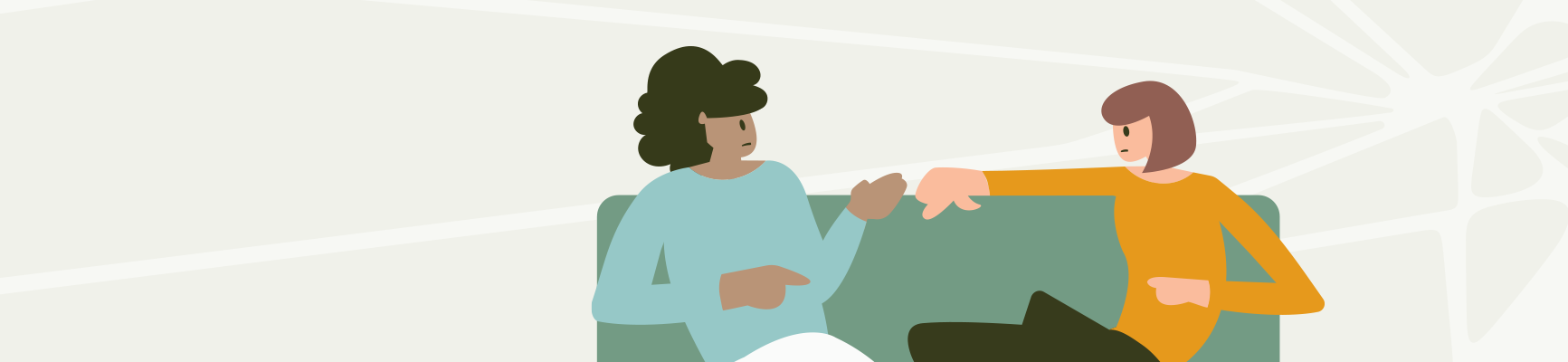 A graphic of two women sitting on a couch and facing one another. They are engaged in conversation. Behind them is a cracked screen